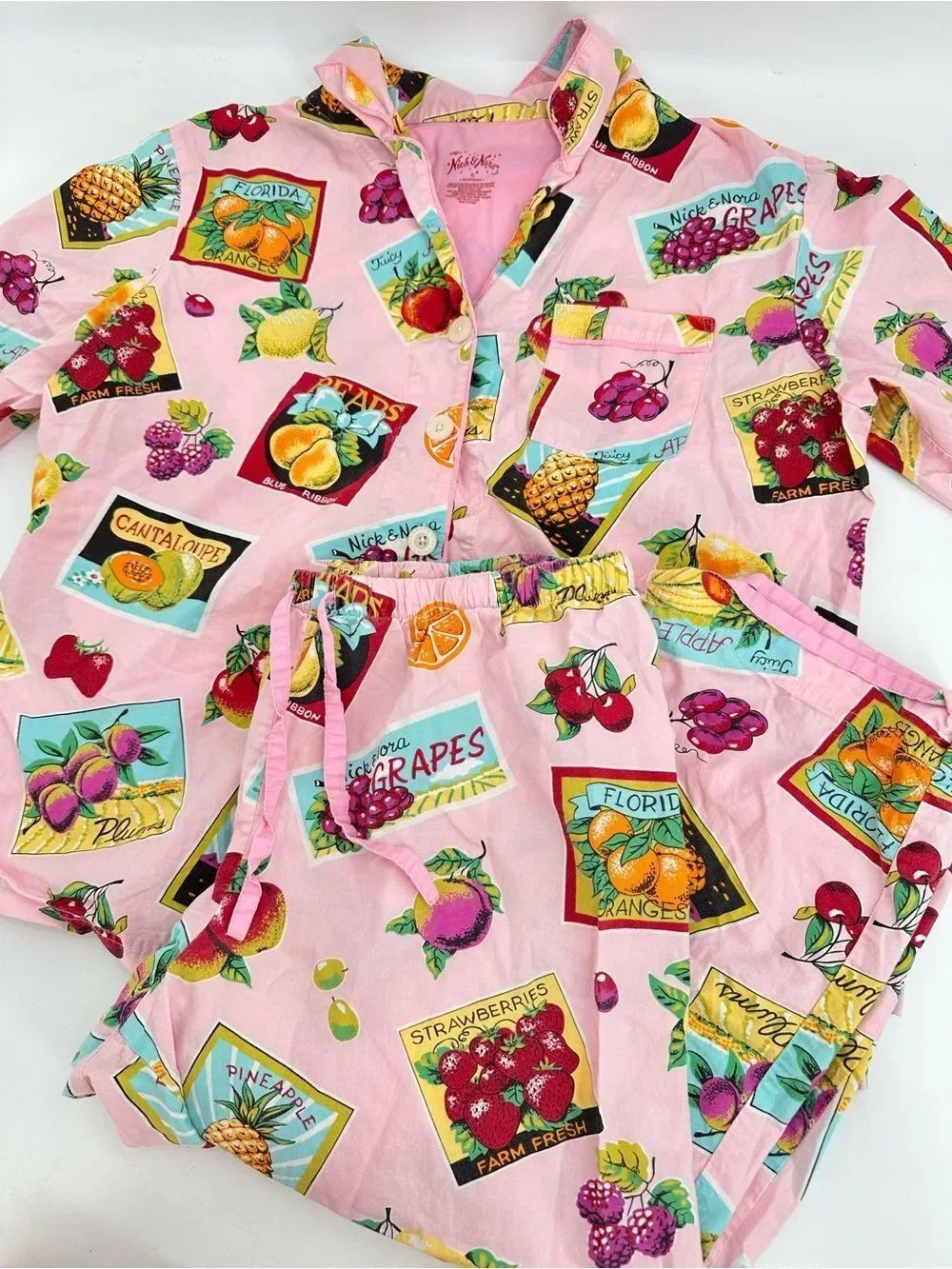 Nick and Nora Fruit stand 100% Cotton Capri Pajama Set EUC Size XL